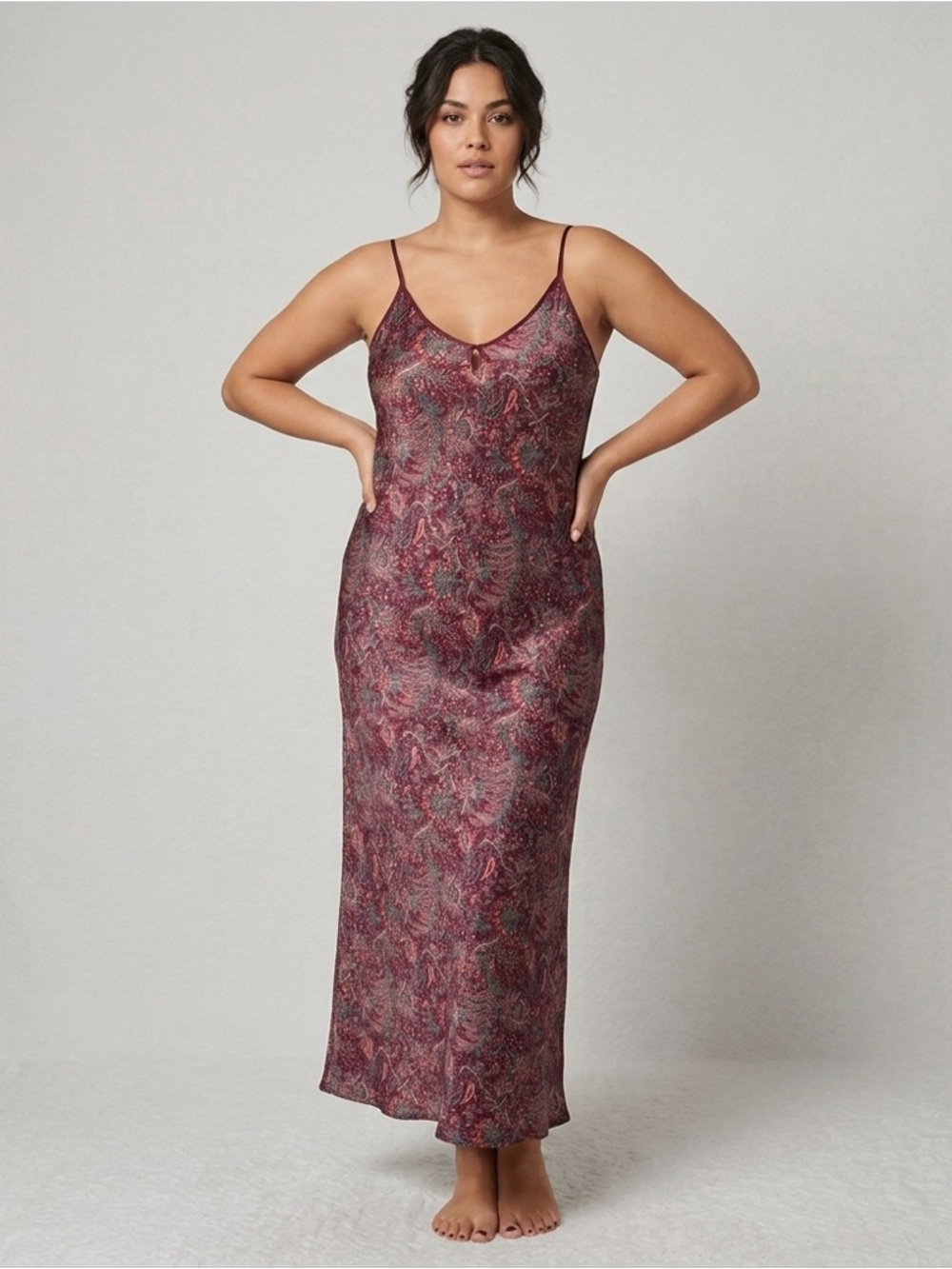 Vintage Versailles Satin Paisley Maxi Chemise Nightgown Slip Dress Burgundy M